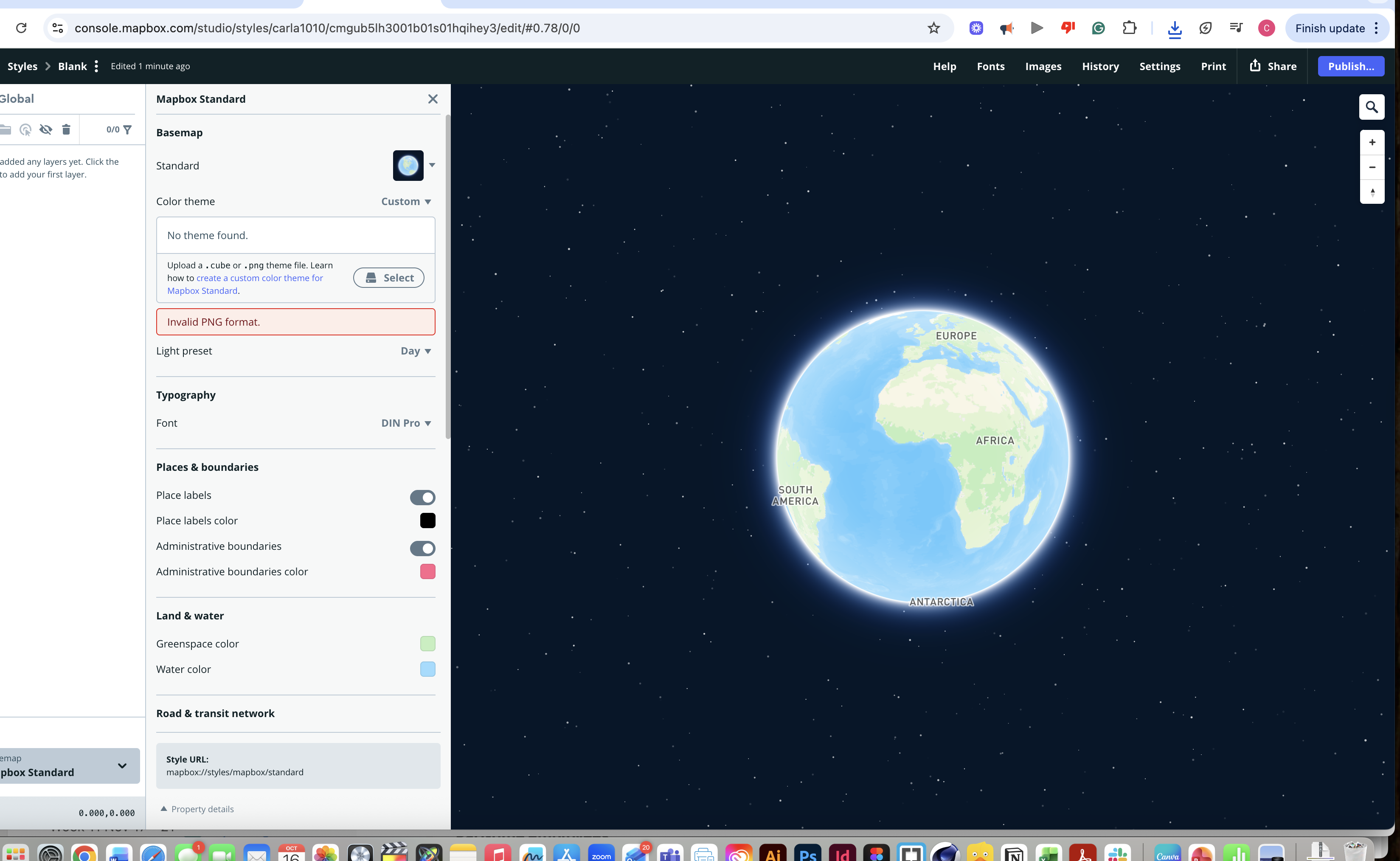 The Mapbox Standard basemap editor displays a custom theme upload attempt that triggers an “Invalid PNG format” error.