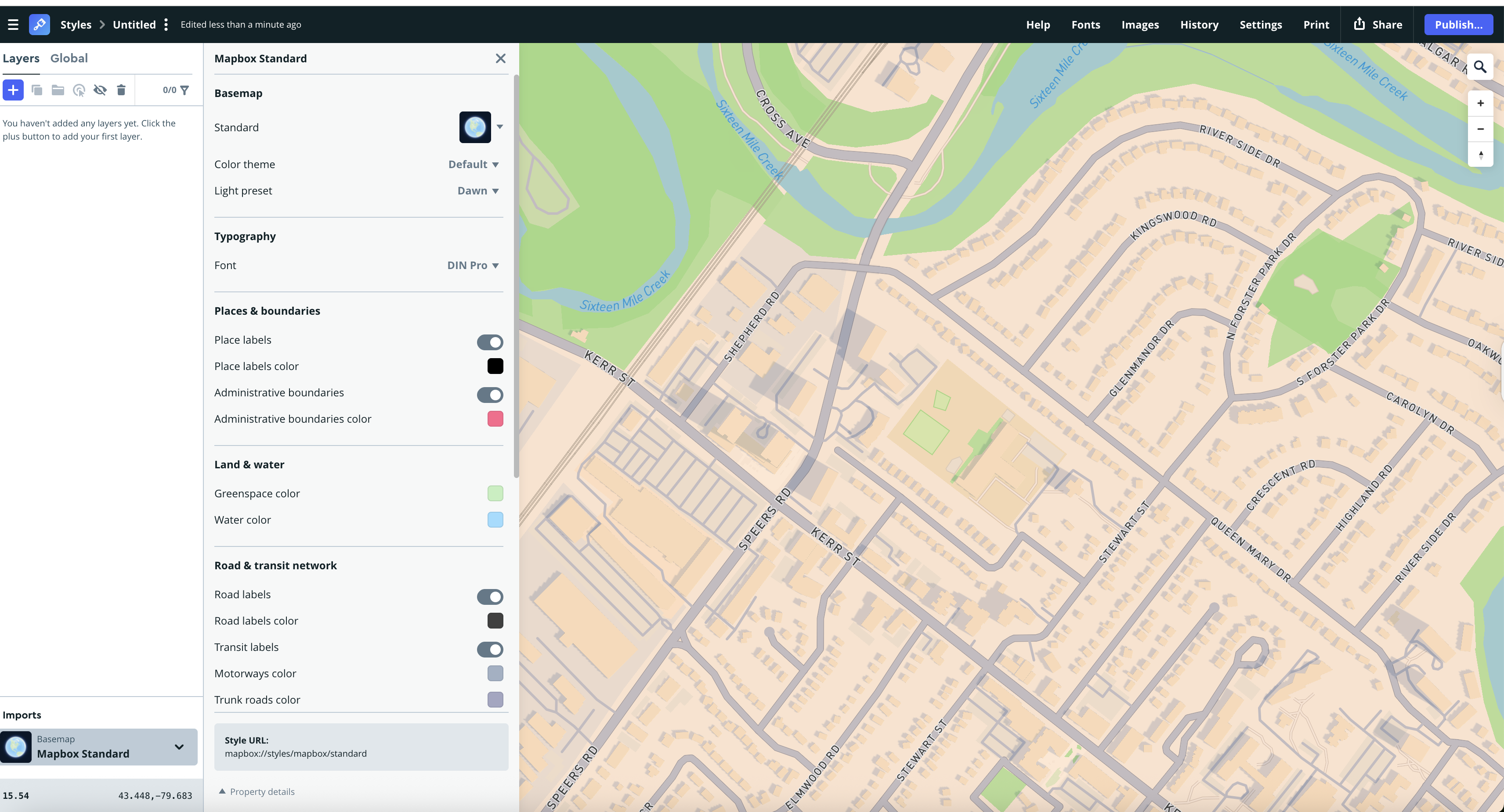 The Mapbox Standard panel displays a customized suburban map with adjusted greenspace, water color, and road label visibility.