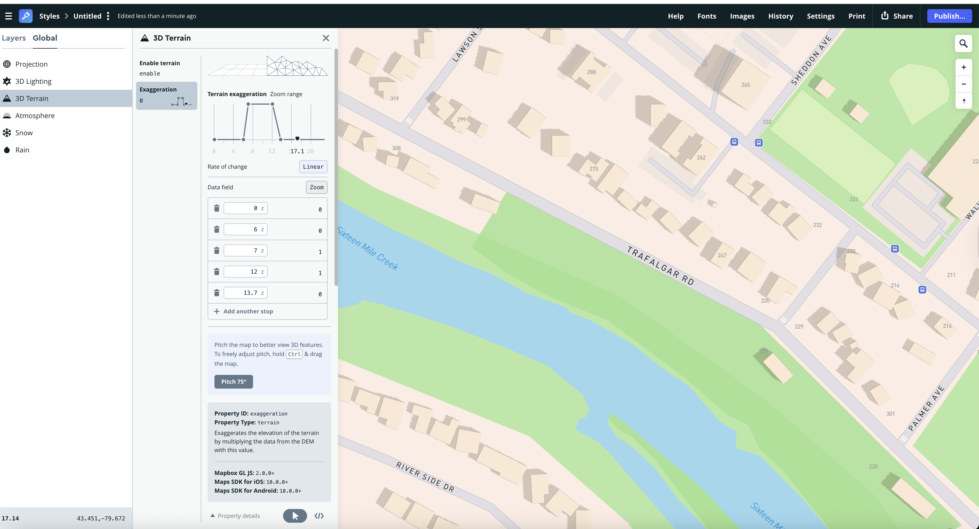 The 3D Terrain interface reappears to demonstrate additional refinement of exaggerated elevation stops along the creek valley.